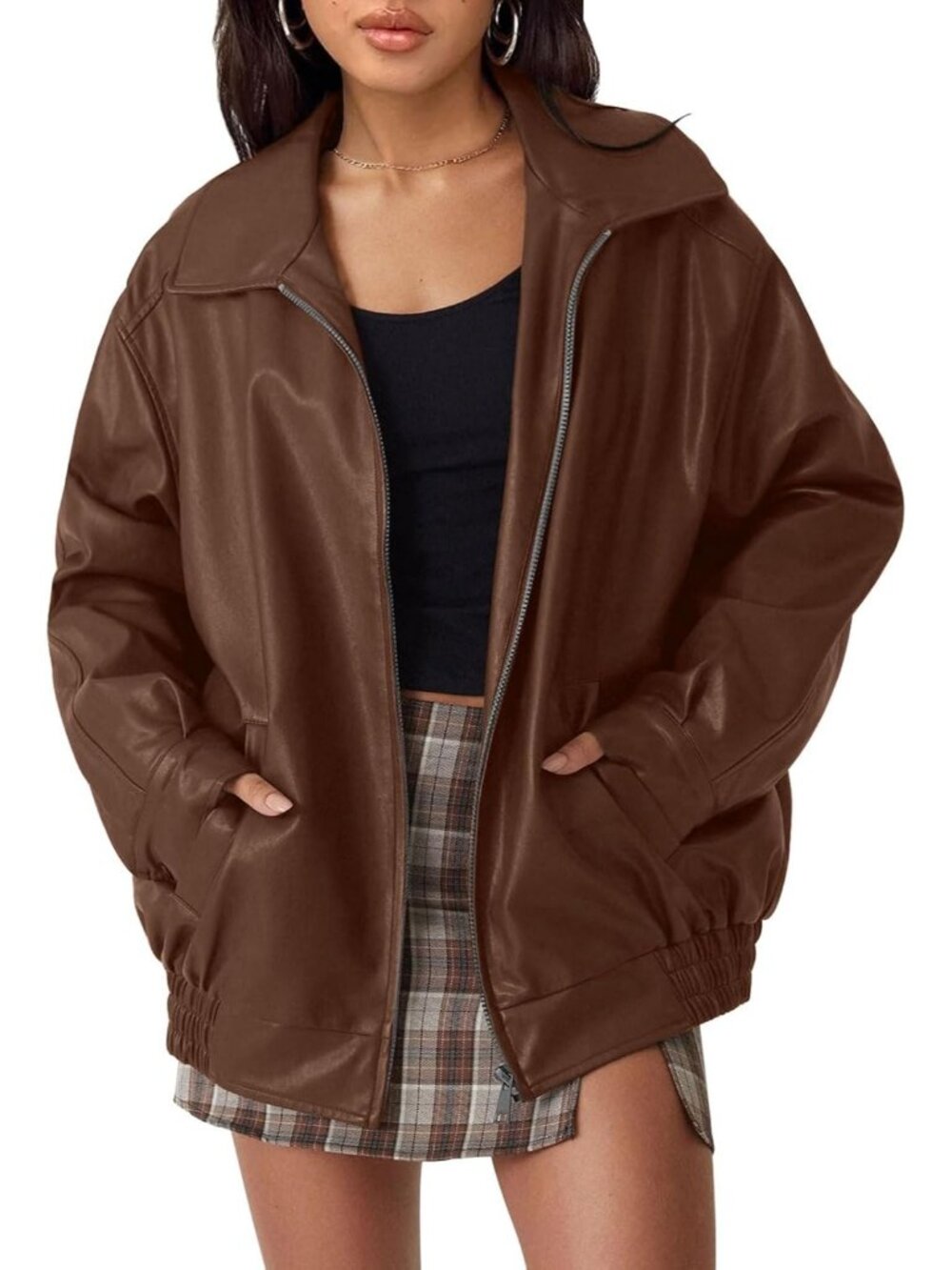 Women's Caramel Oversized Faux Leather Loose Weight Fall Winter Outerwear Jacket